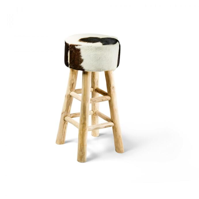 Stierfell-Bar-Hocker echtes Stierfell Barstuhl schwarz/weiß rund Holzfuß 80cm hoch
