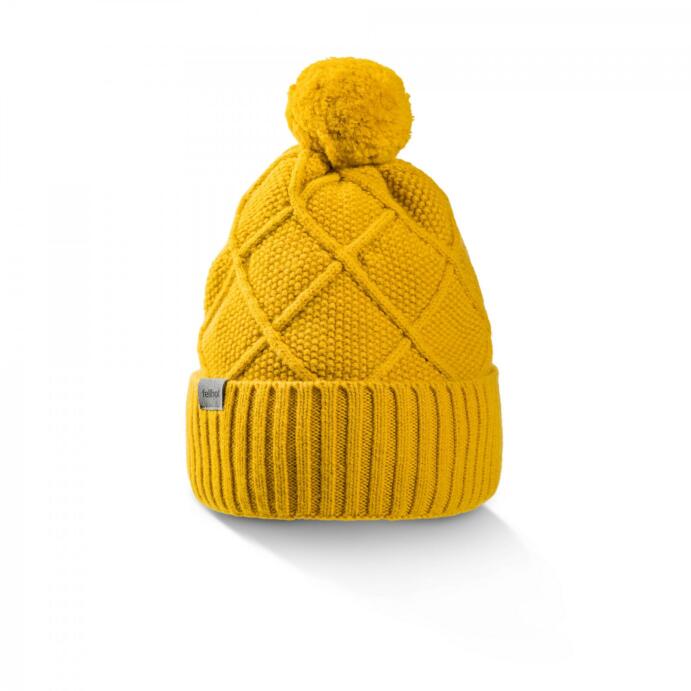 Merino Woll-Mütze mit Bommel gelb Strickmütze warm weich modern