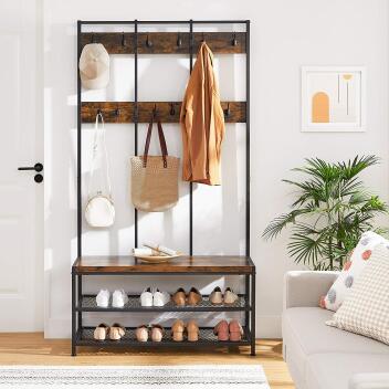 Möbel Garderobe Schuhregal mit Sitzfläche und 12 Haken braun-schwarz