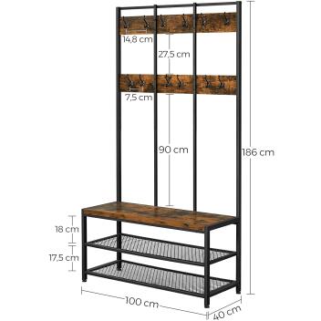 Möbel Garderobe Schuhregal mit Sitzfläche und 12 Haken braun-schwarz