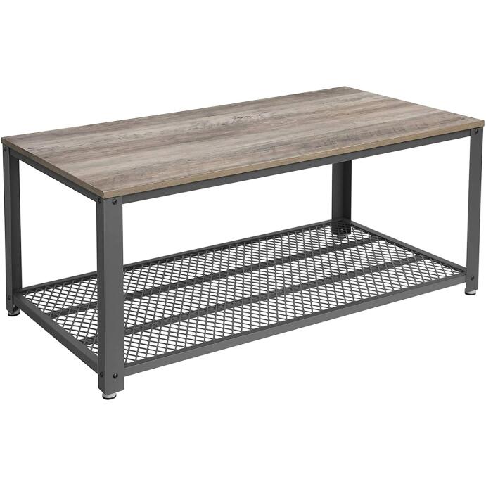 Beistelltisch Couchtisch Sofa mit Gitterablage Holzoptik greige-grau
