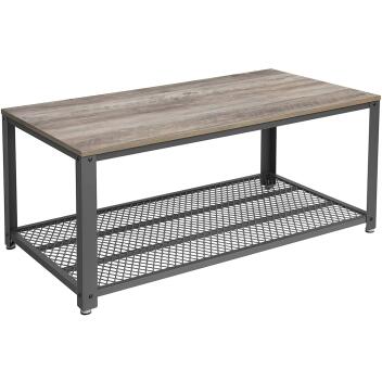Beistelltisch Couchtisch Sofa mit Gitterablage Holzoptik greige-grau