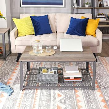 Beistelltisch Couchtisch Sofa mit Gitterablage Holzoptik greige-grau