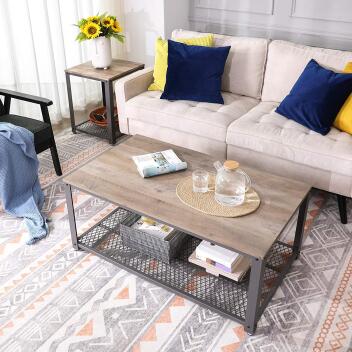 Beistelltisch Couchtisch Sofa mit Gitterablage Holzoptik greige-grau