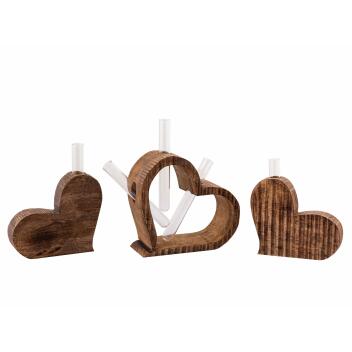 Tischdeko Herzen 3-teilig Blumenvase Hochzeitsdeko Mangoholz massiv