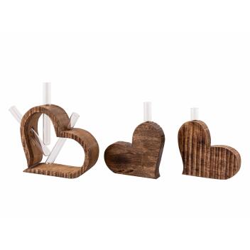 Tischdeko Herzen 3-teilig Blumenvase Hochzeitsdeko Mangoholz massiv