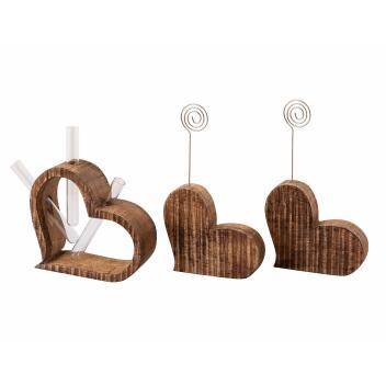 Fotoständer Blumenvase Set 3-teilig Herzen Fotohalter Mangoholz massiv