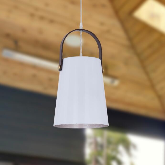 Pendelleuchte Metall mit Lederbügel Hängelampe weiß/silber