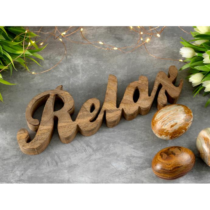 Schriftzug Holzfigur Relax Dekoschrift Mangoholz massiv B28x9cm