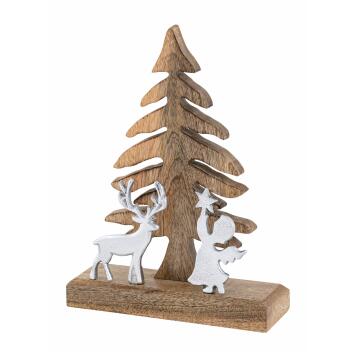Holzfigur Weihnachtsbaum mit Hirsch u. Engel Weihnachtsdeko Mangoholz Aluminium