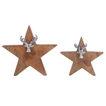 Holzfigur Stern 2er Set mit Hirschkopf 25/19cm Aufsteller Mangoholz Aluminium